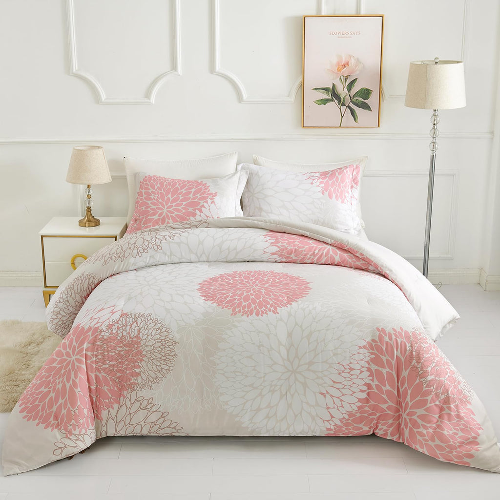 Koniroom Twin Comforter Set - Reversible Floral Comforter Set Twin Size 2 Pieces Cute Flowers Plants Bed Set Twin for All Season with 1 Pillow Sham(Beige68 x 90 Inches)