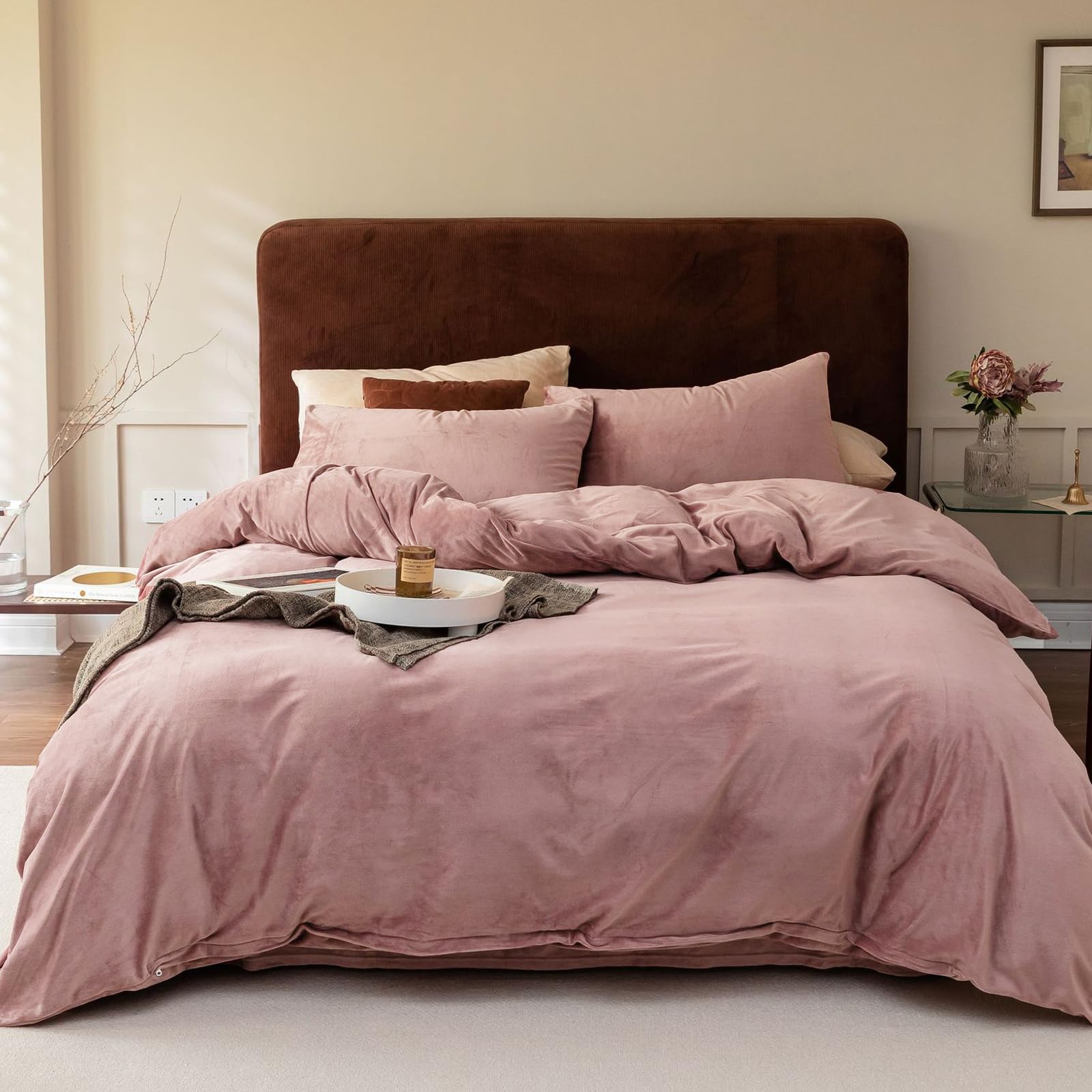 Cottonight Pink Velvet Comforter Set Twin Dusty Pink Bedding Comforter Set Solid Blush Pink Flannel Blanket Quilts Winter Warm Winter Thick Heavyweight Pink Velvet 3 Pcs Comforter Set for Twin Bed